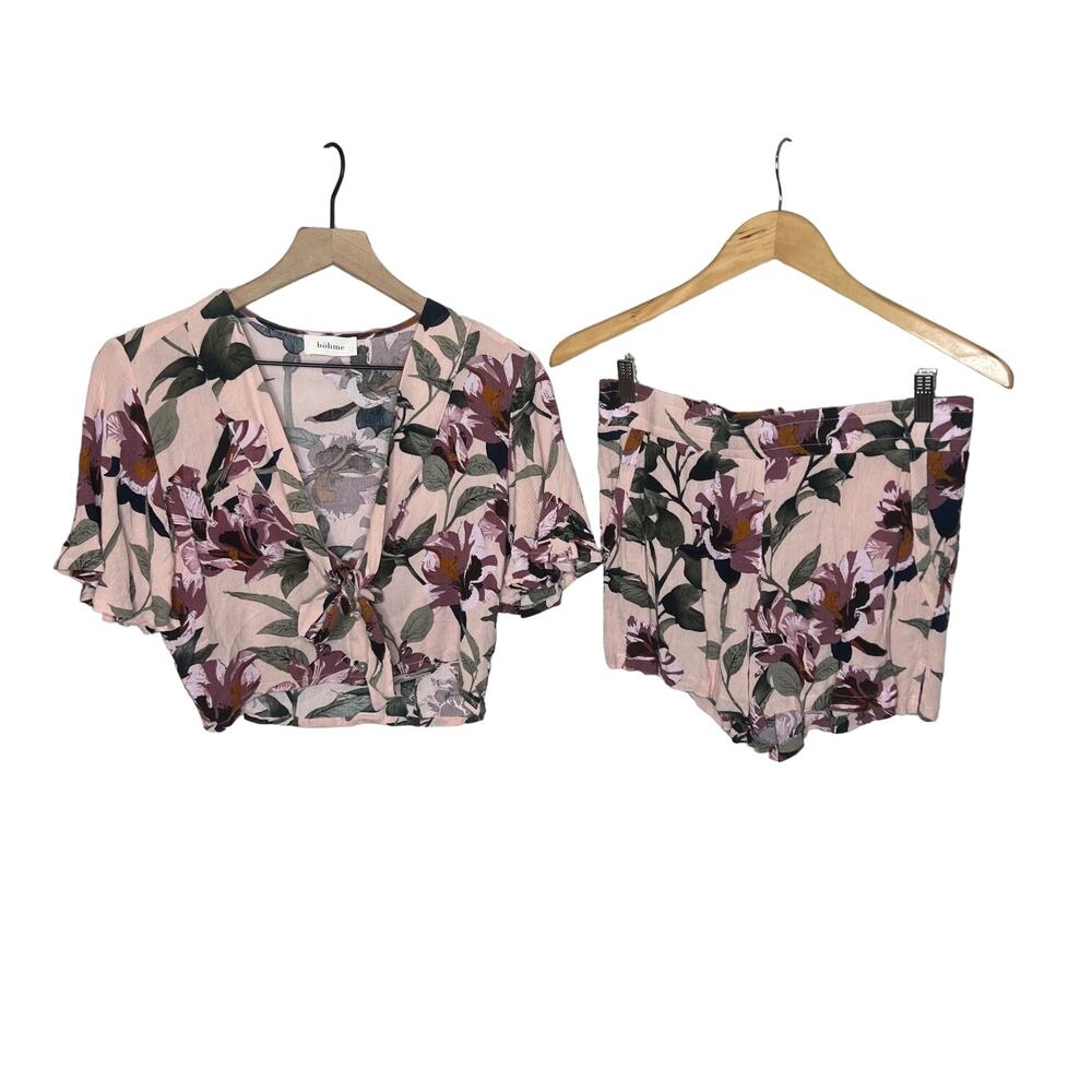BOHME Women's Medium Top Short Floral Pajama Set Pink Rayon Loungewear Romantic